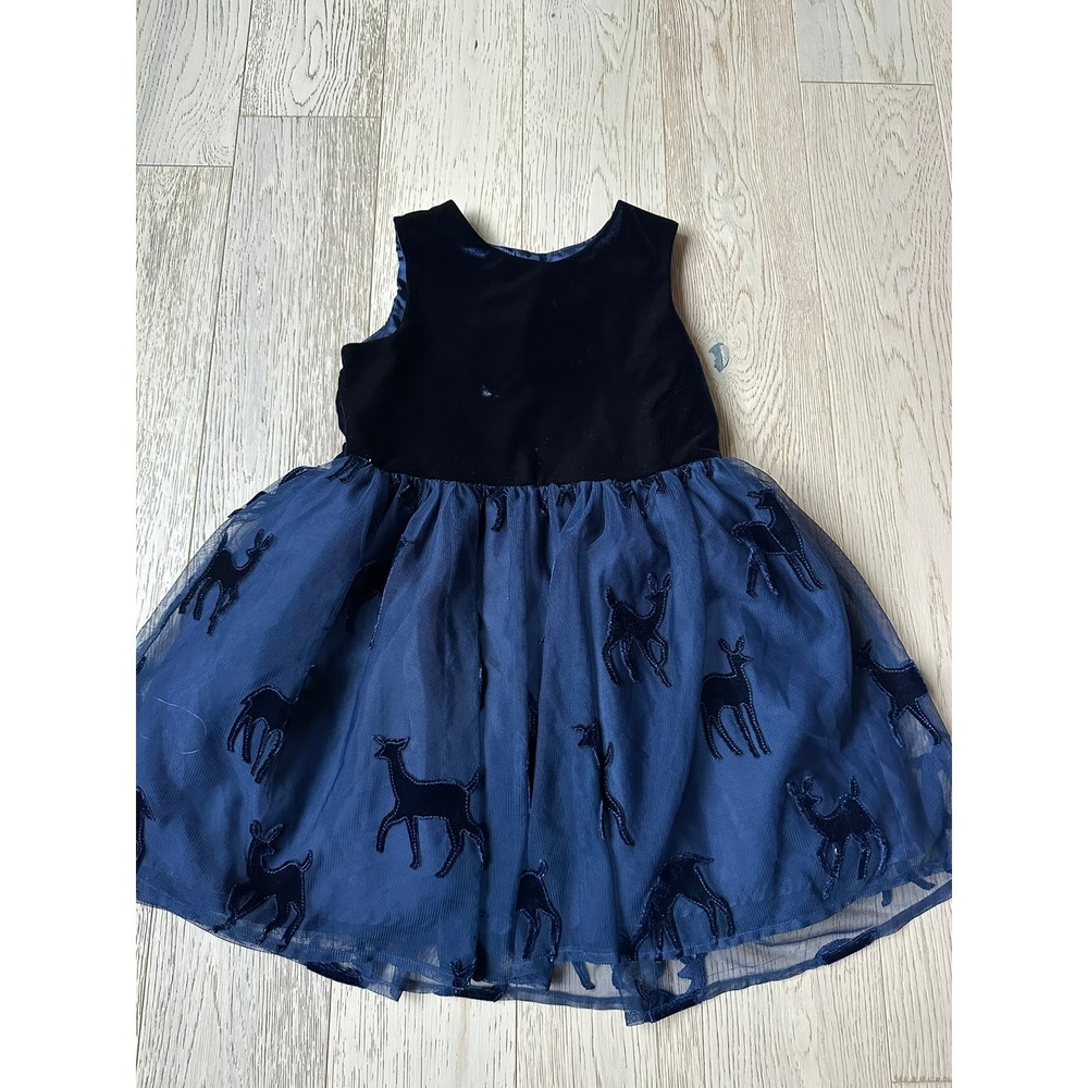 Cat & Jack Girls 5T Navy Blue Velvet Tulle Deer Holiday Dress Sleeveless Formal